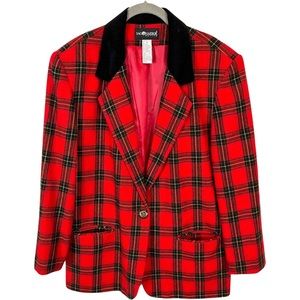 Sag Harbor Petite 10 Women Vintage Red Tartan Plaid Velvet Collar Blazer Wool